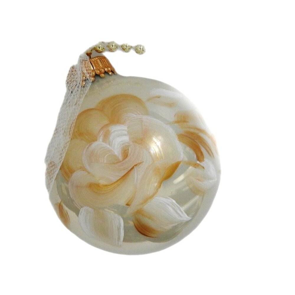 Vintage Artisan Christmas Glass Ball Ornament by Mary Lou Micheal Cream Floral